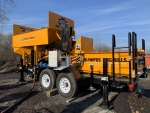 Olympus 100tph pugmill system, model mini-Hercules, shown setup for producing cold mix asphalt, rear driverside view, showing cold feed bin extensions in raised position, 